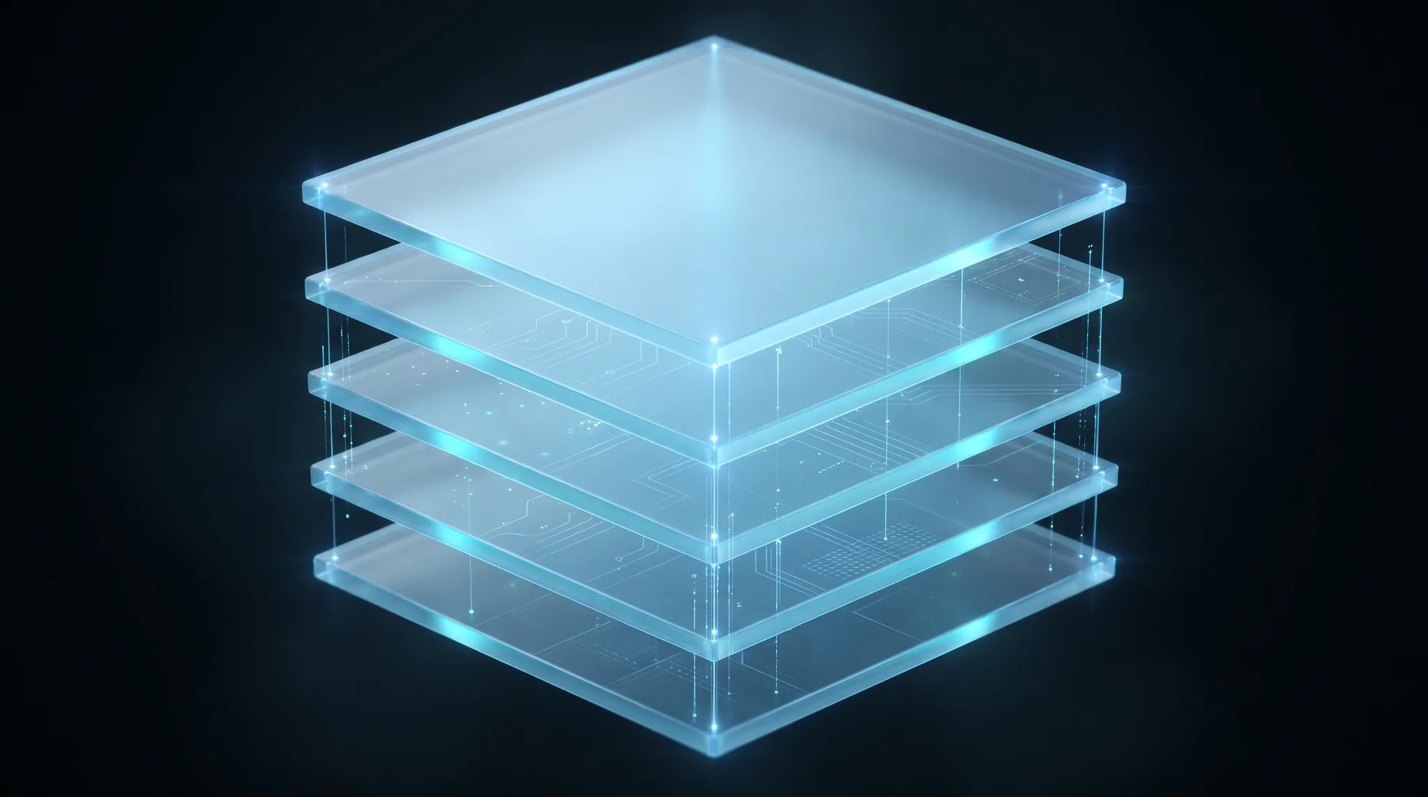 Stacked translucent glass layers in an isometric arrangement