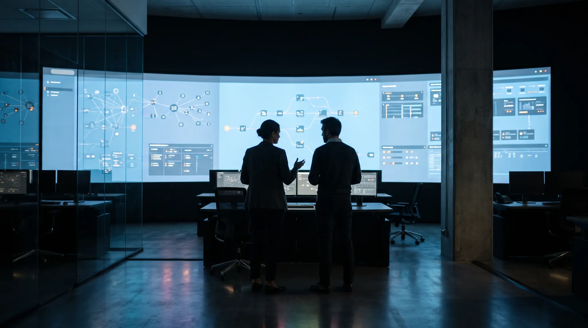 A calm operations room with people overseeing screens