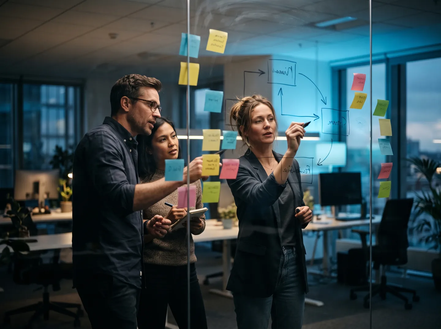 A team mapping a business workflow on a glass wall